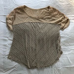 Free People Beige Tan Short Sleeve Mixed Knit Tee